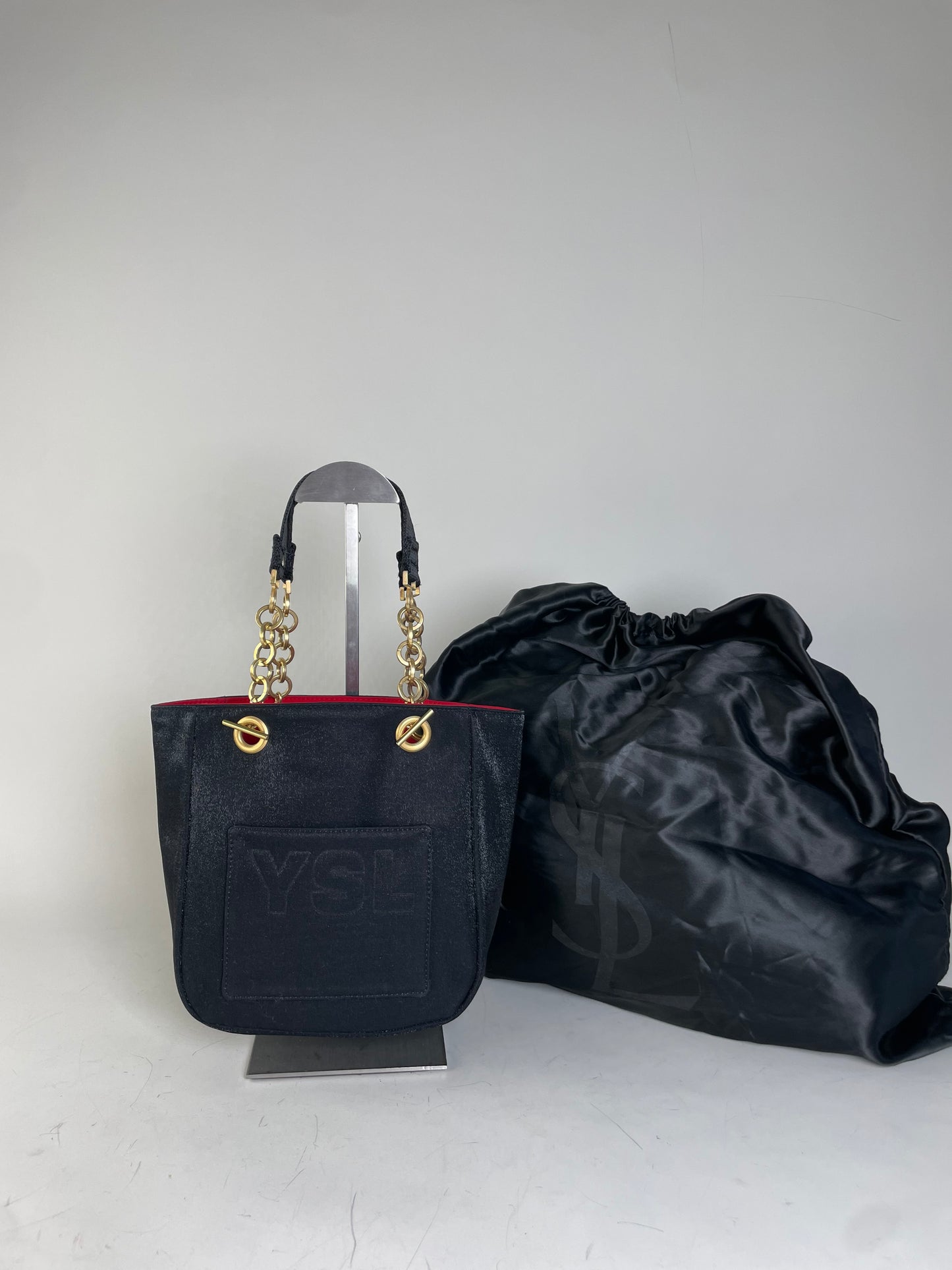 Vintage Yves Saint Laurent Chain Tote Black Red Gold