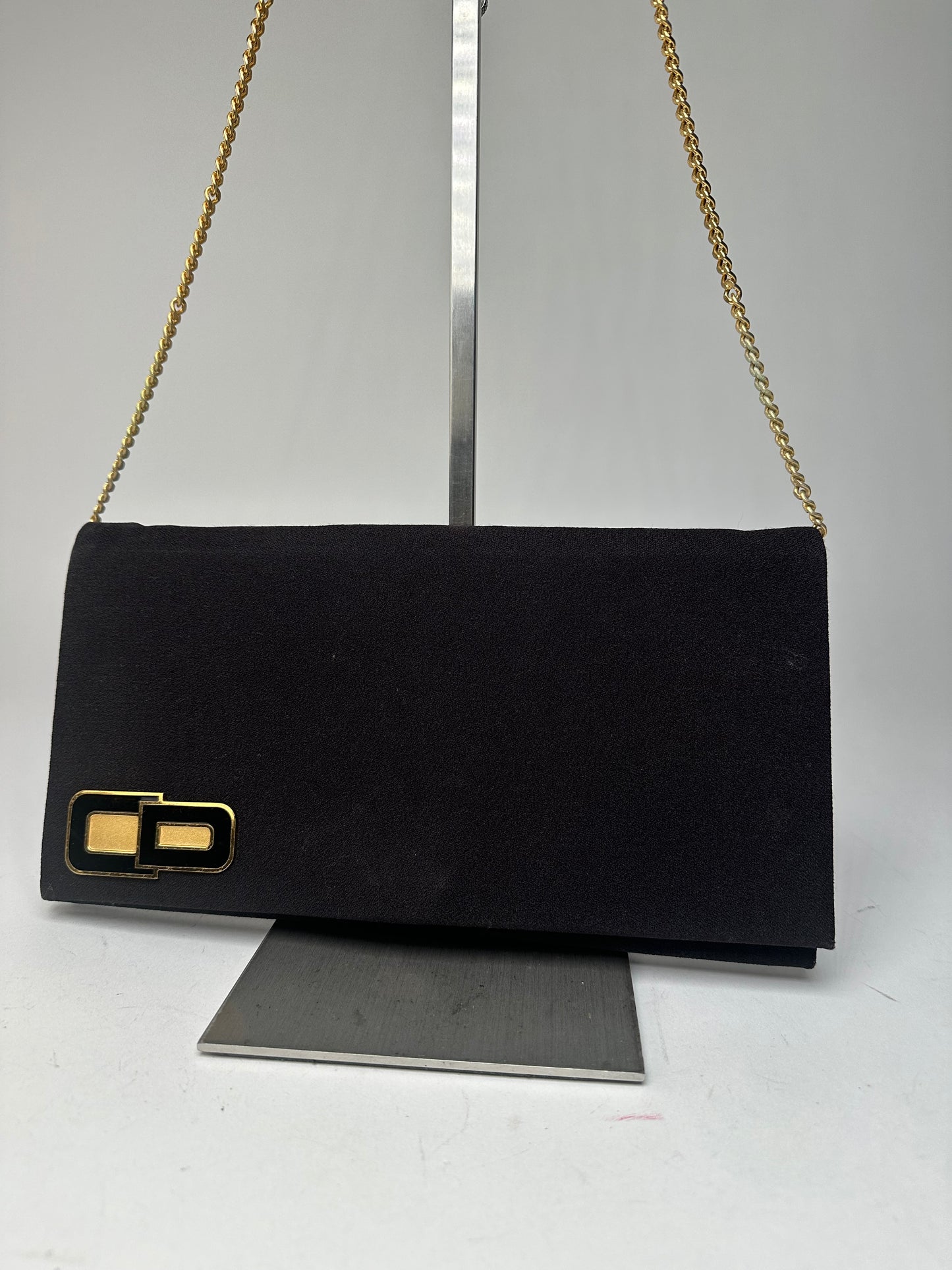 Vintage Dior CD Logo Satin Evening Clutch with Chain Black