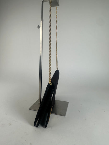 Vintage Dior CD Logo Satin Evening Clutch with Chain Black