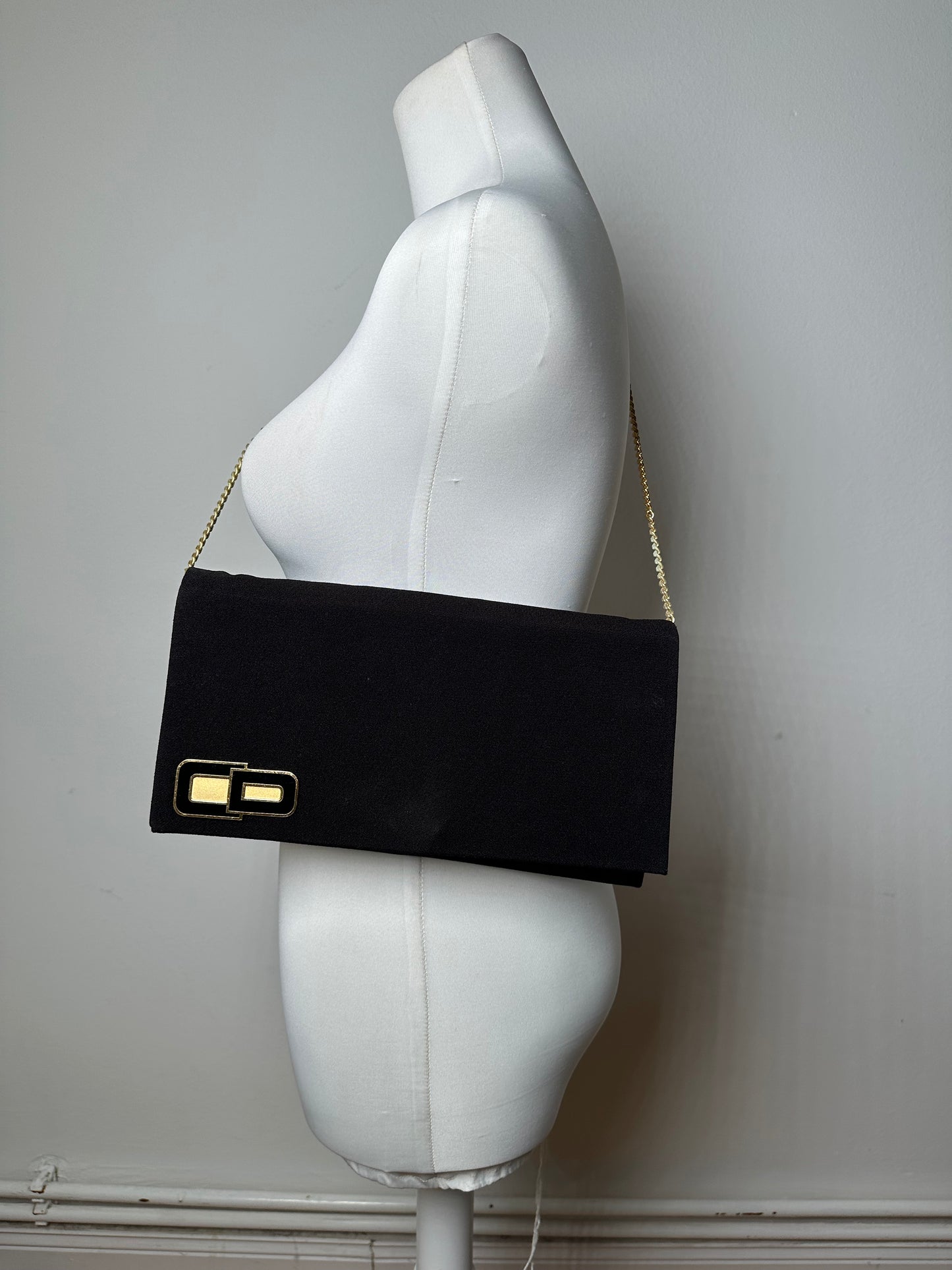 Vintage Dior CD Logo Satin Evening Clutch with Chain Black