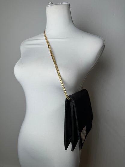 Vintage Dior CD Logo Satin Evening Clutch with Chain Black