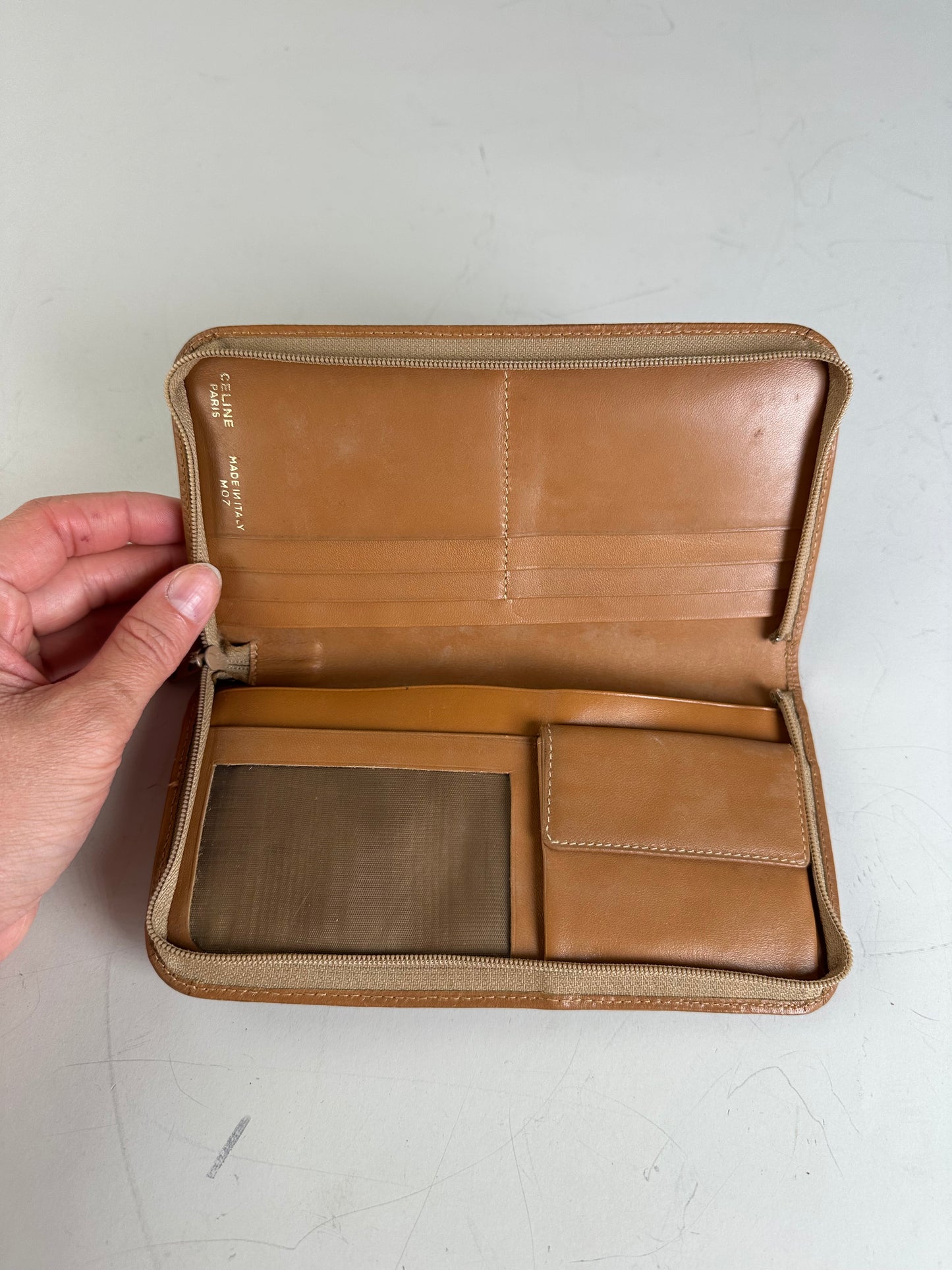 Vintage Celine Macadam Canvas Zip Wallet Beige Brown
