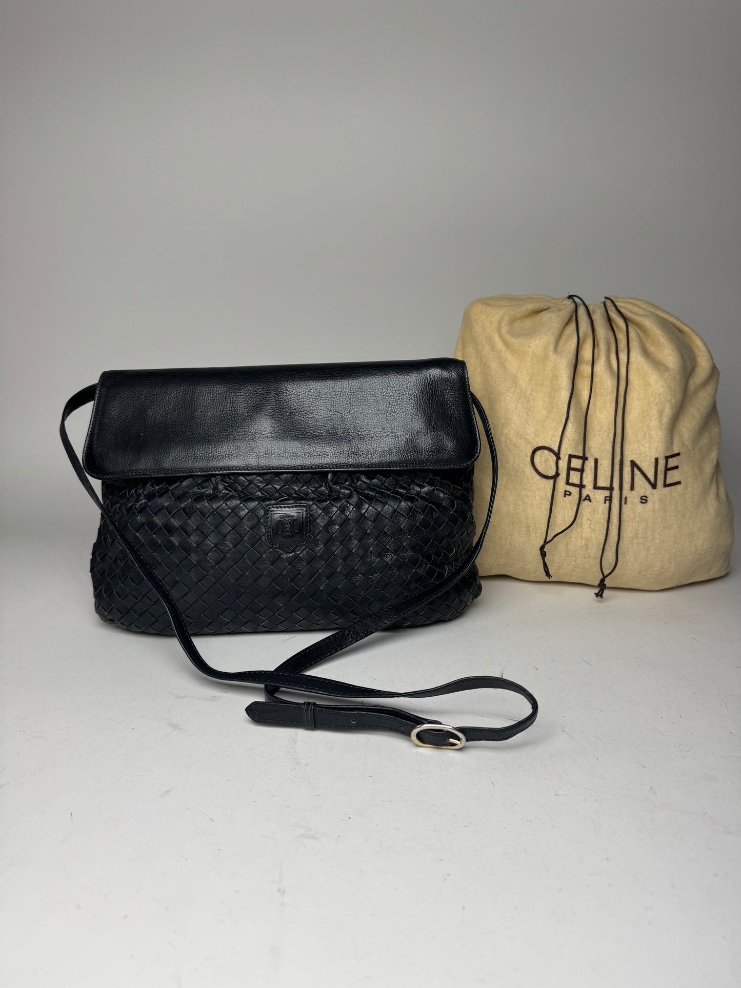 Vintage Celine Paris Braided Leather Bag Black