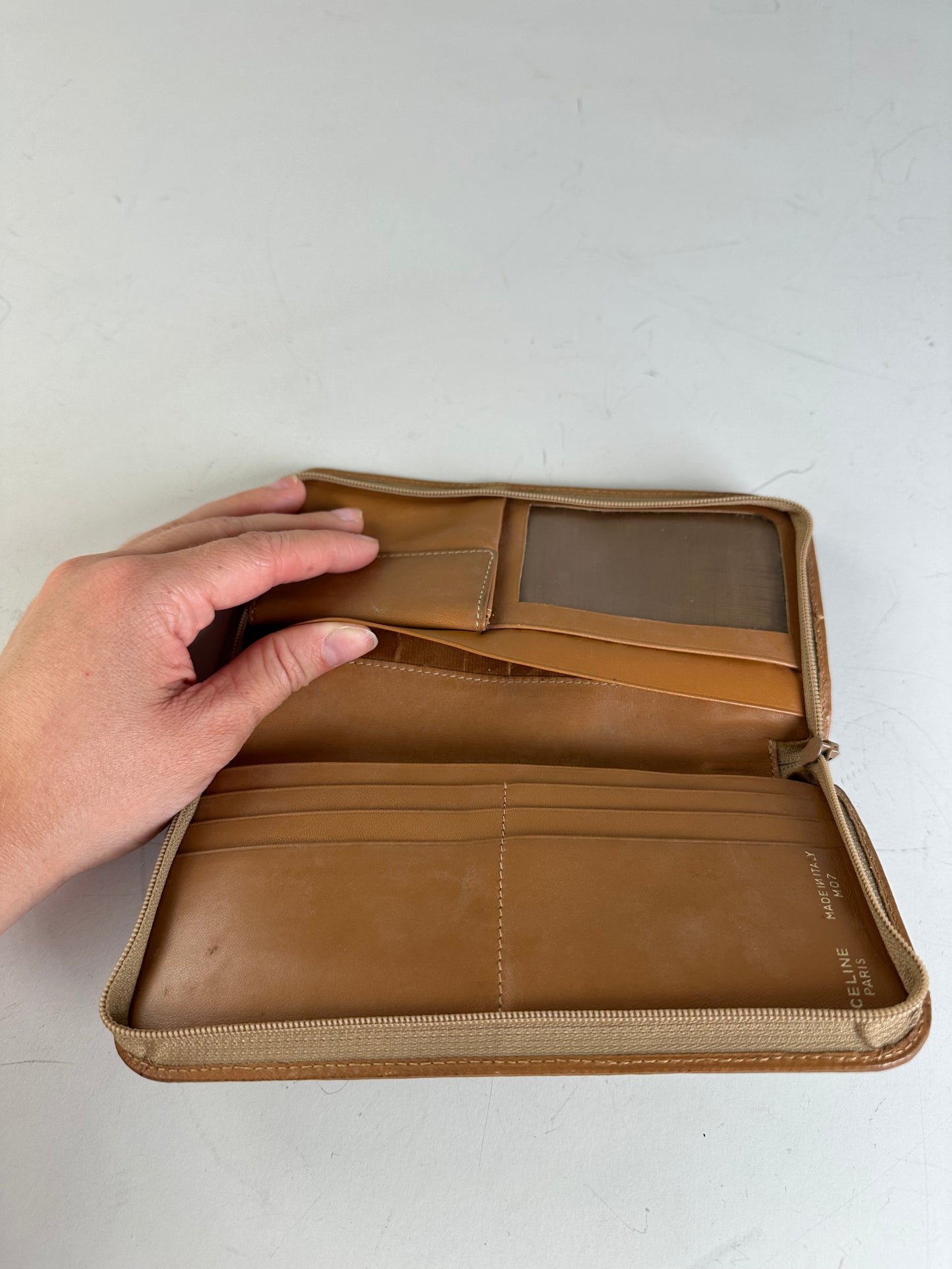Vintage Celine Macadam Canvas Zip Wallet Beige Brown