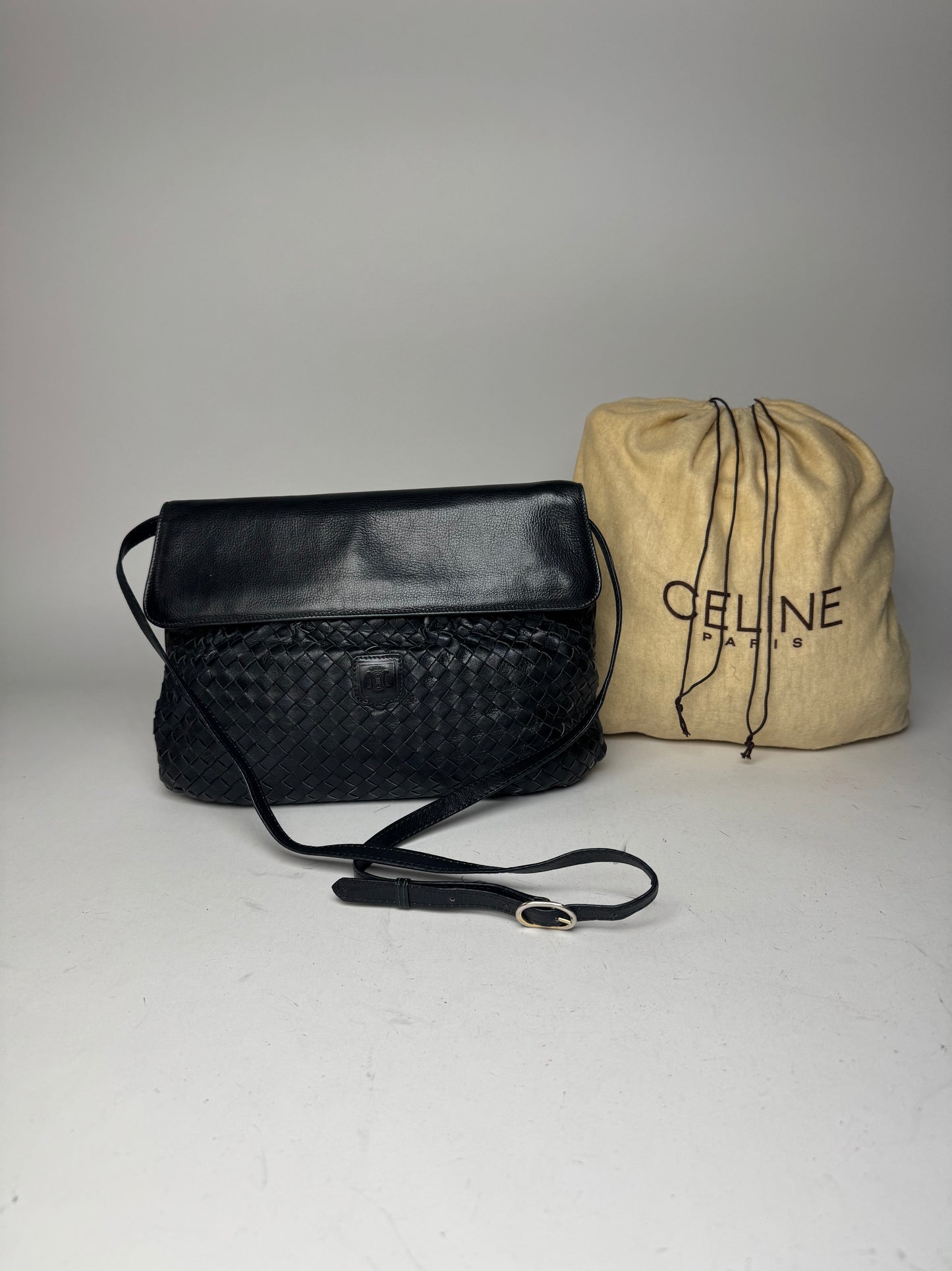 Vintage Celine Paris Braided Leather Bag Black