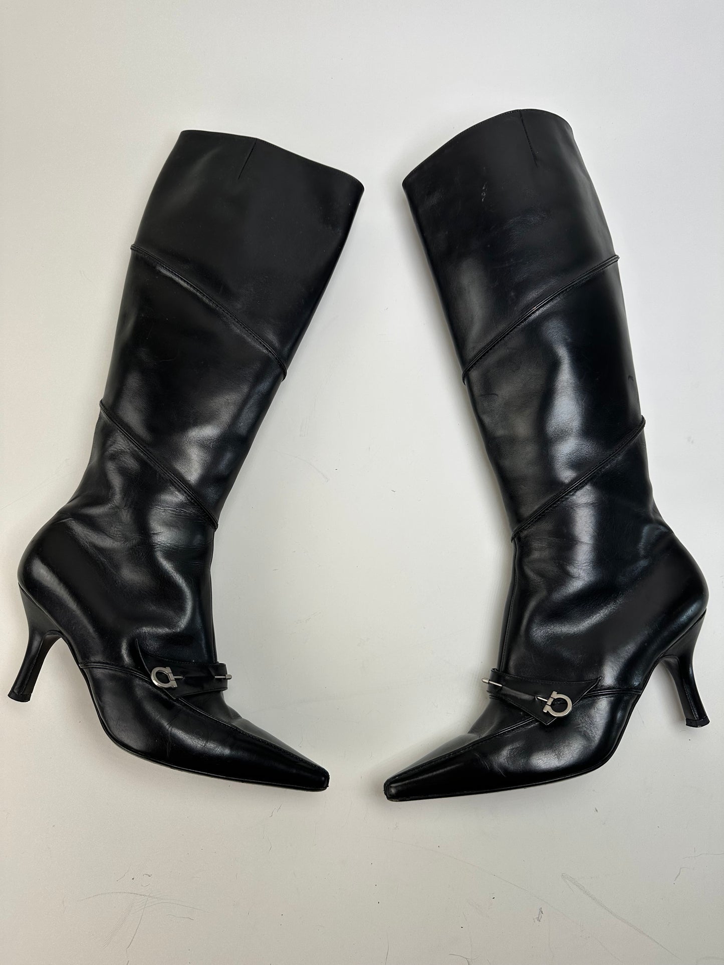 Vintage Ferragamo Leather Knee-High Boots Black Silver