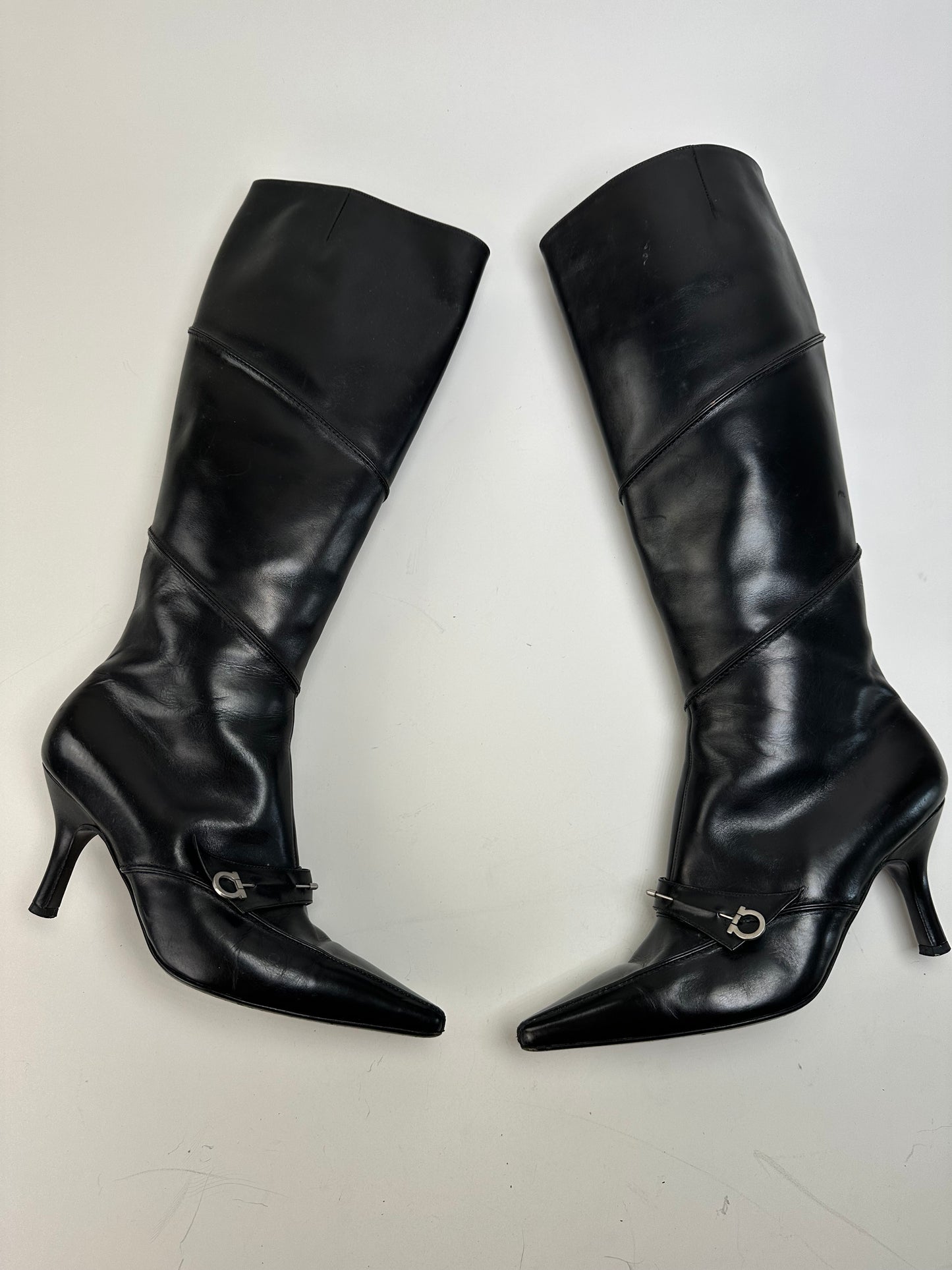 Vintage Ferragamo Leather Knee-High Boots Black Silver