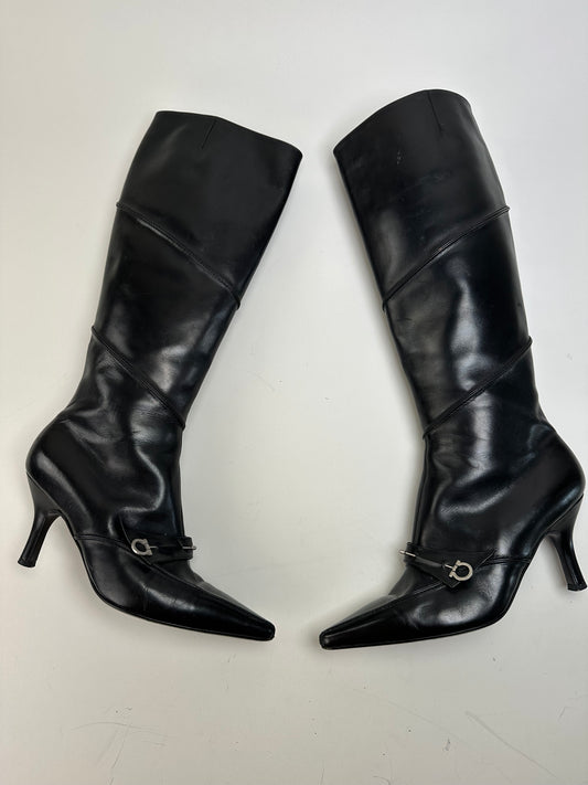 Vintage Ferragamo Leather Knee-High Boots Black Silver