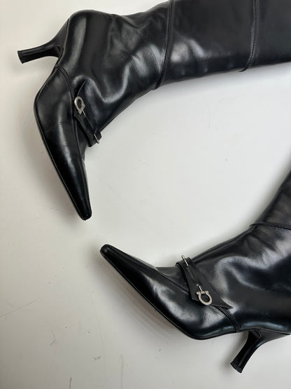 Vintage Ferragamo Leather Knee-High Boots Black Silver