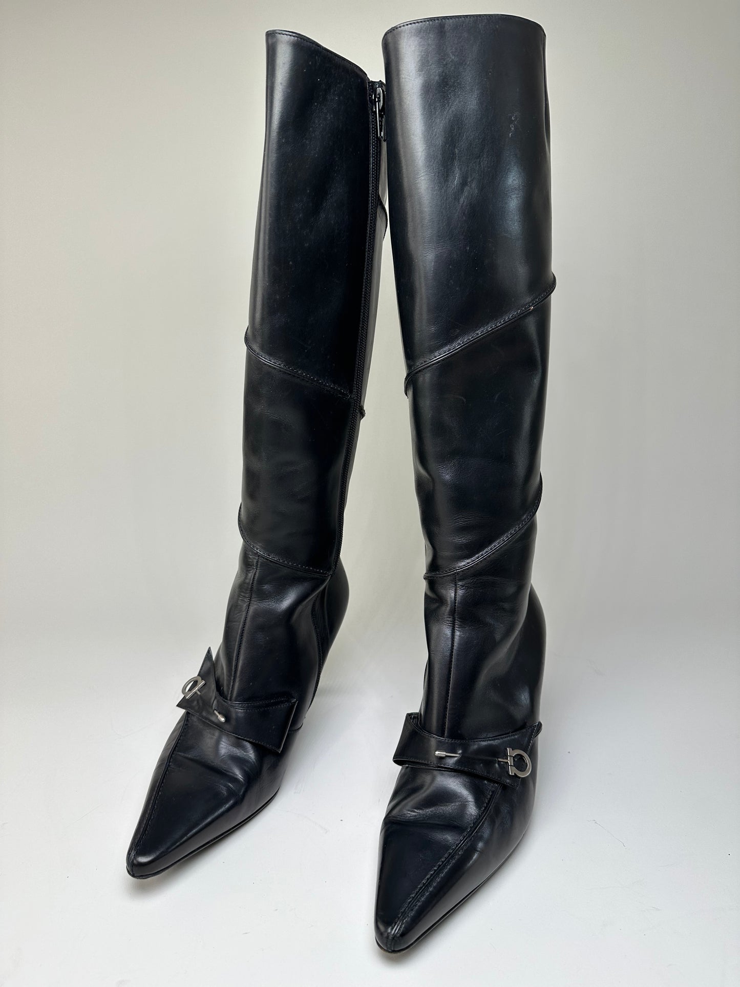 Vintage Ferragamo Leather Knee-High Boots Black Silver