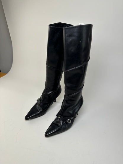 Vintage Ferragamo Leather Knee-High Boots Black Silver