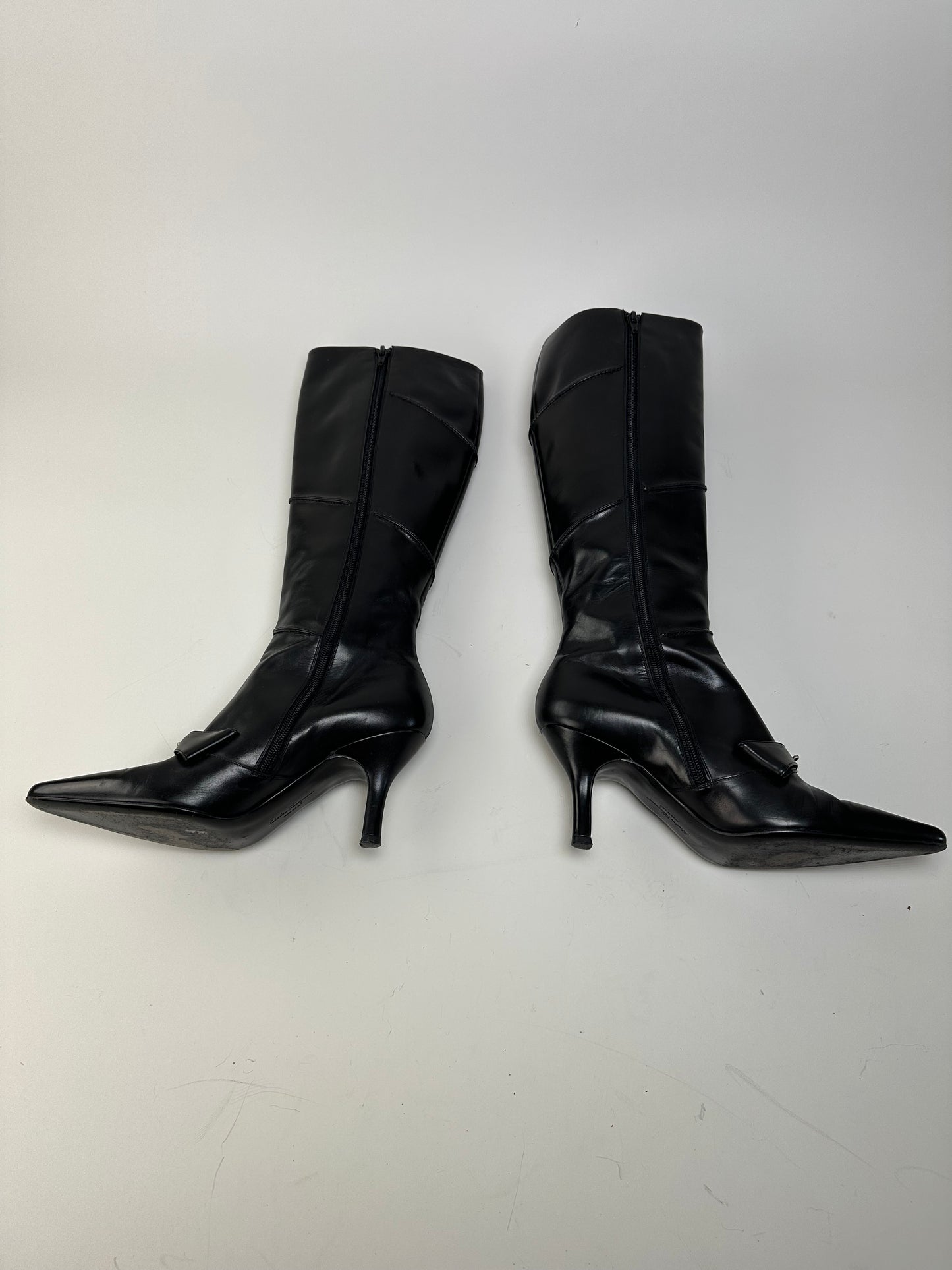 Vintage Ferragamo Leather Knee-High Boots Black Silver