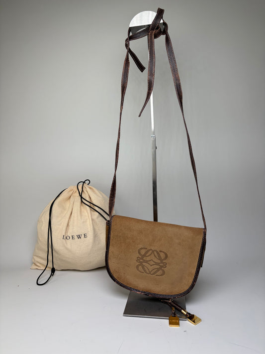 Vintage Loewe Suede Shoulder Bag Tan Brown Gold