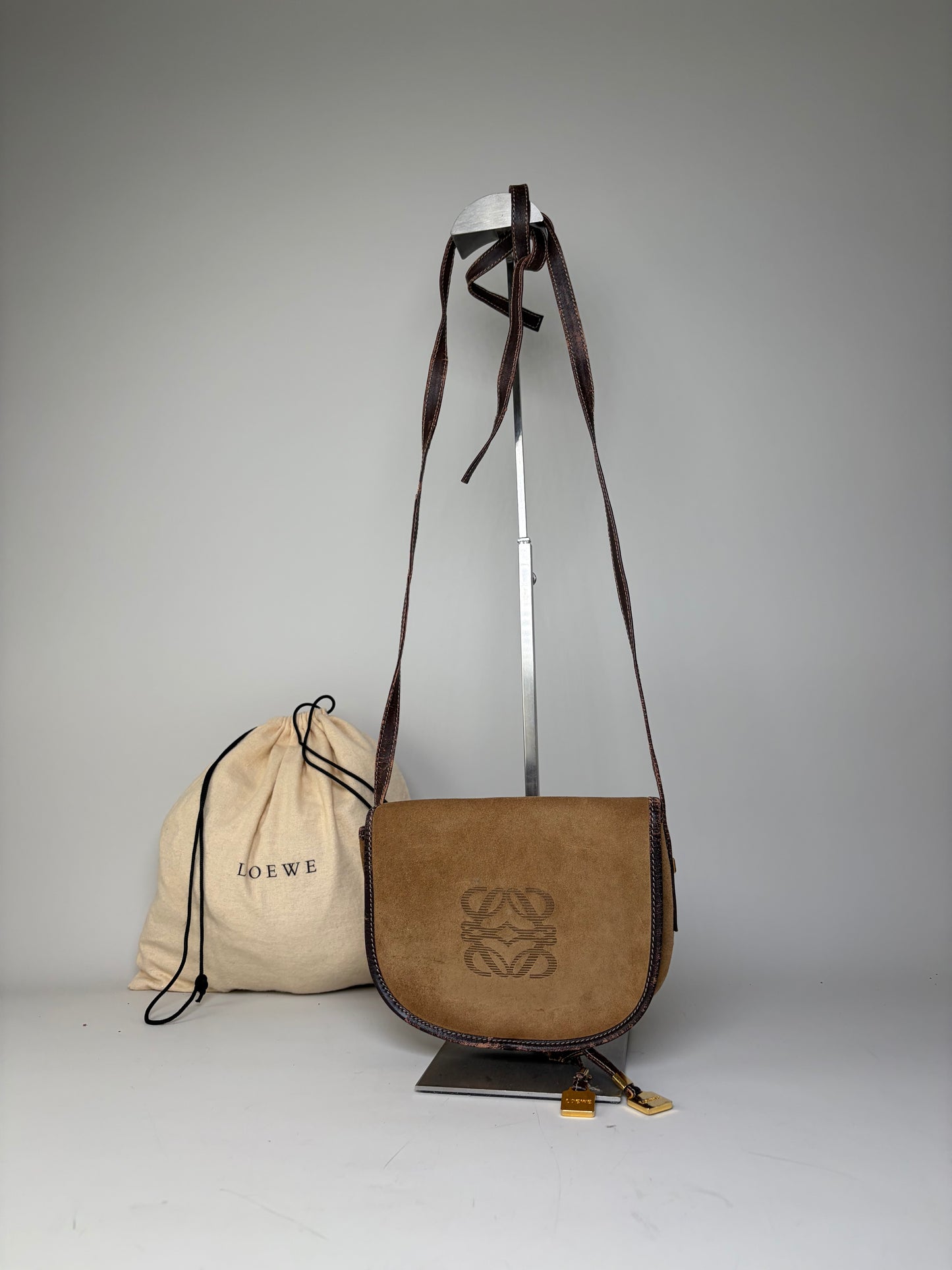 Vintage Loewe Suede Shoulder Bag Tan Brown Gold
