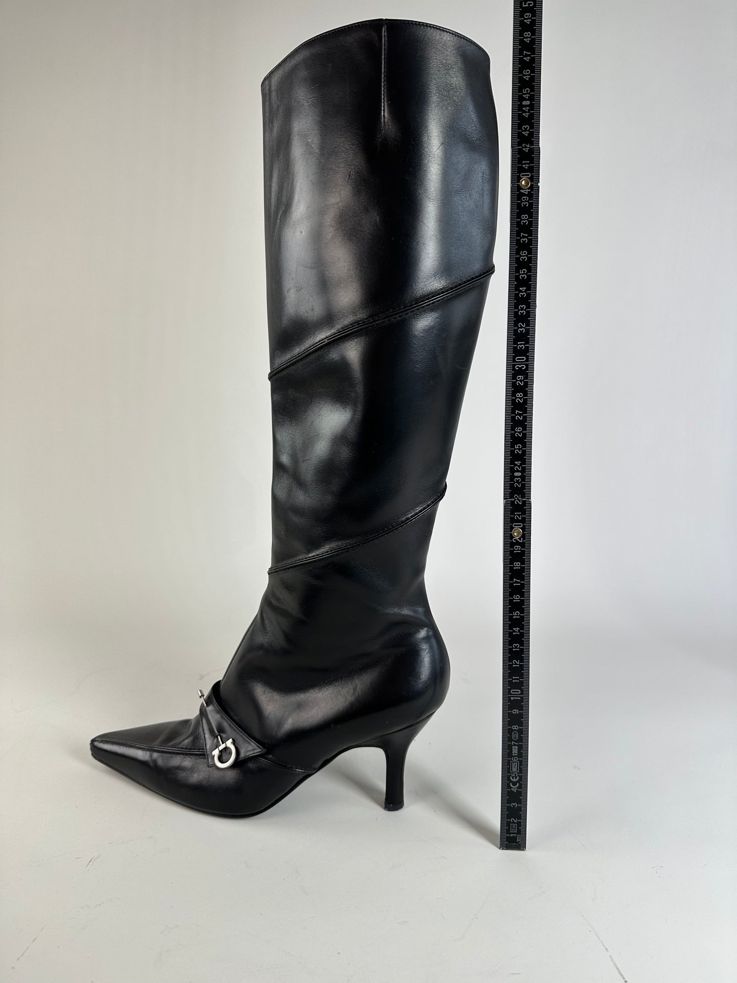Vintage Ferragamo Leather Knee-High Boots Black Silver