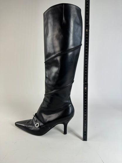 Vintage Ferragamo Leather Knee-High Boots Black Silver