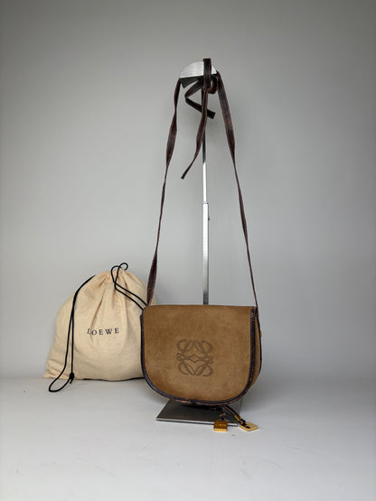 Vintage Loewe Suede Shoulder Bag Tan Brown Gold