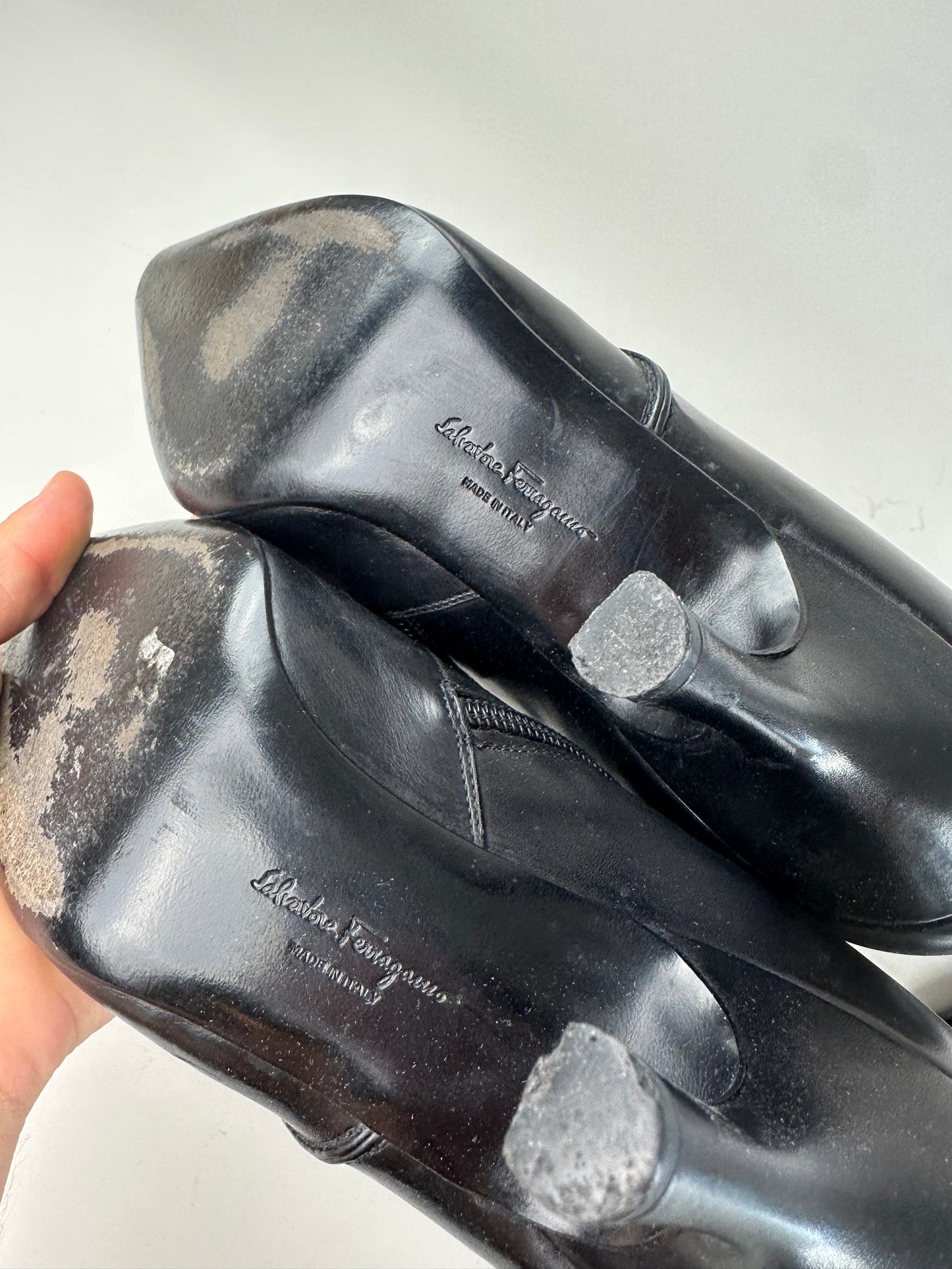 Vintage Ferragamo Leather Knee-High Boots Black Silver