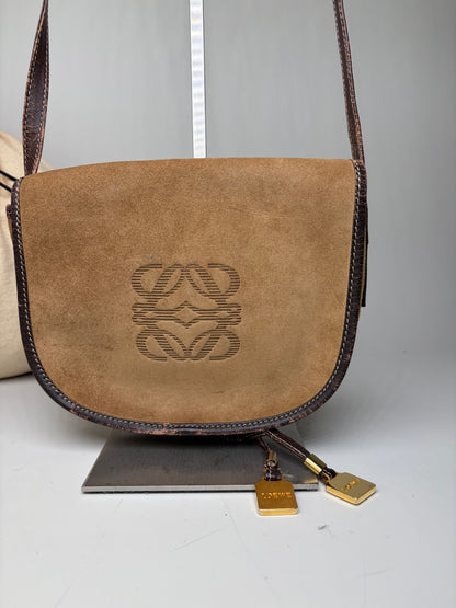 Vintage Loewe Suede Shoulder Bag Tan Brown Gold