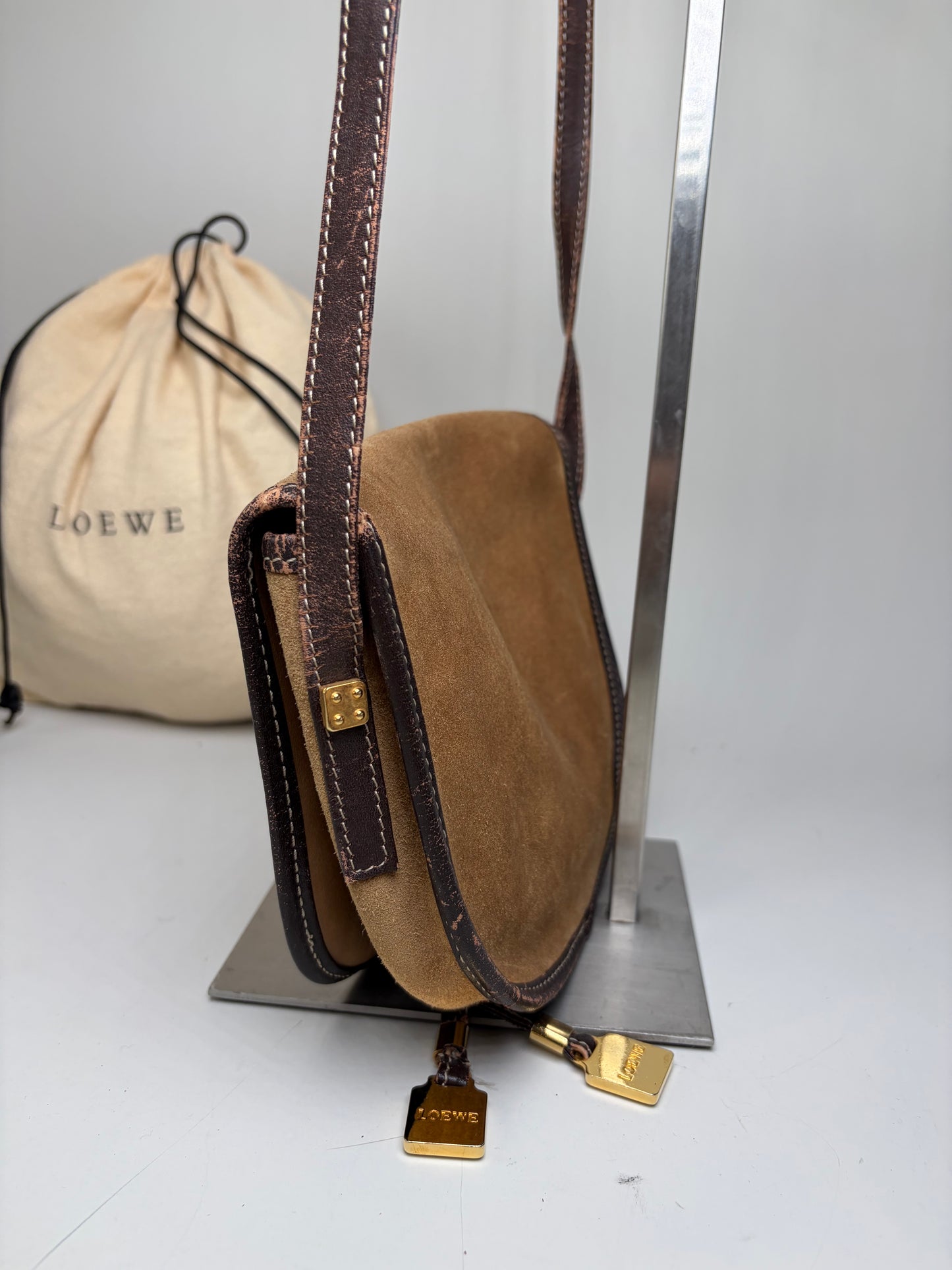 Vintage Loewe Suede Shoulder Bag Tan Brown Gold