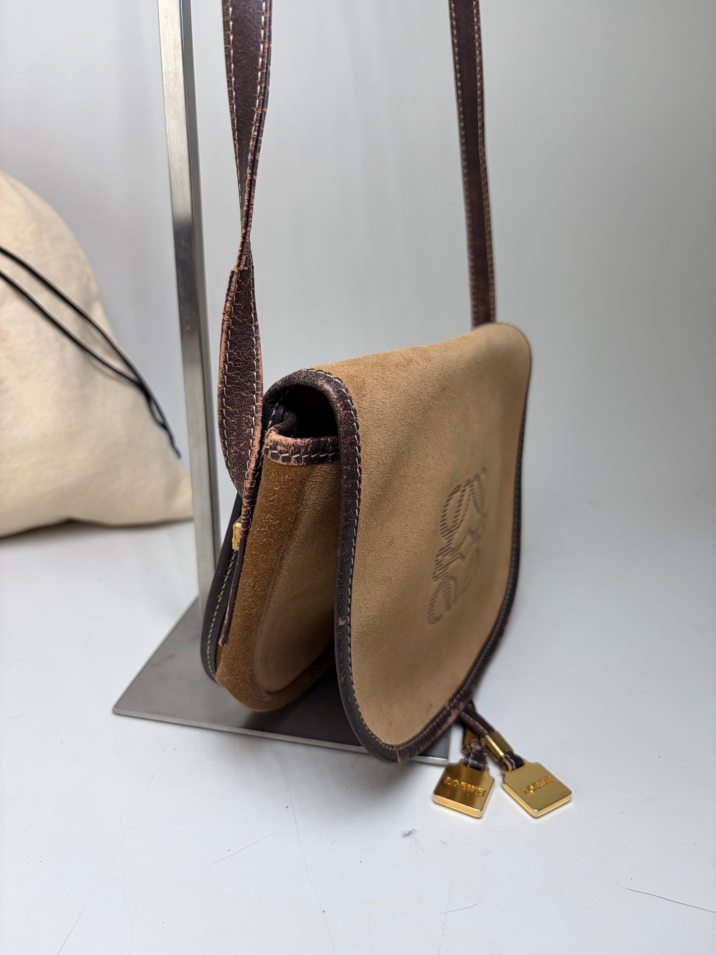 Vintage Loewe Suede Shoulder Bag Tan Brown Gold
