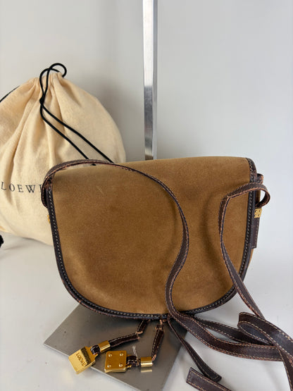 Vintage Loewe Suede Shoulder Bag Tan Brown Gold