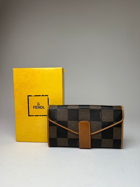 Vintage Fendi Roma Leather Checked Clutch Brown