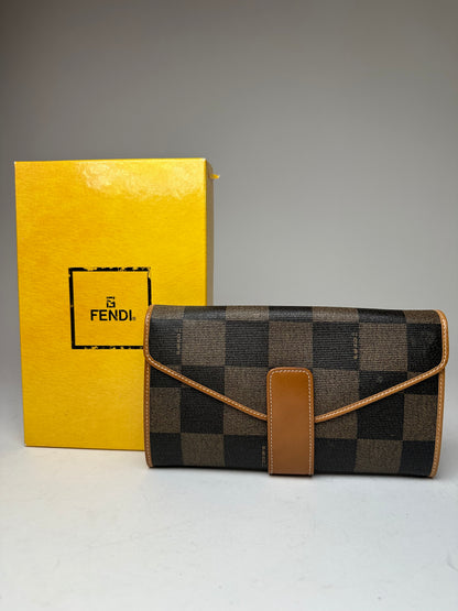 Vintage Fendi Roma Leather Checked Clutch Brown