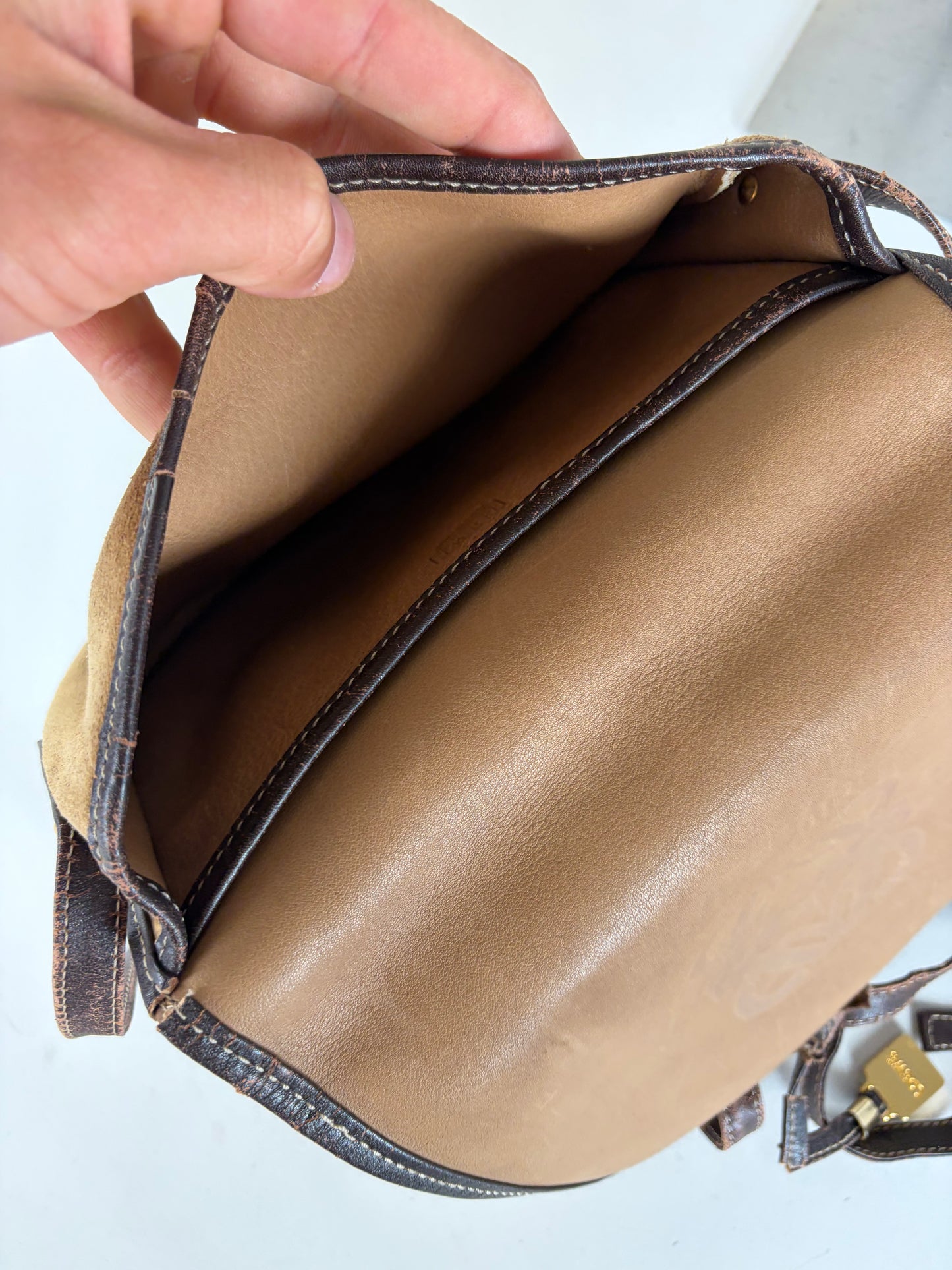 Vintage Loewe Suede Shoulder Bag Tan Brown Gold