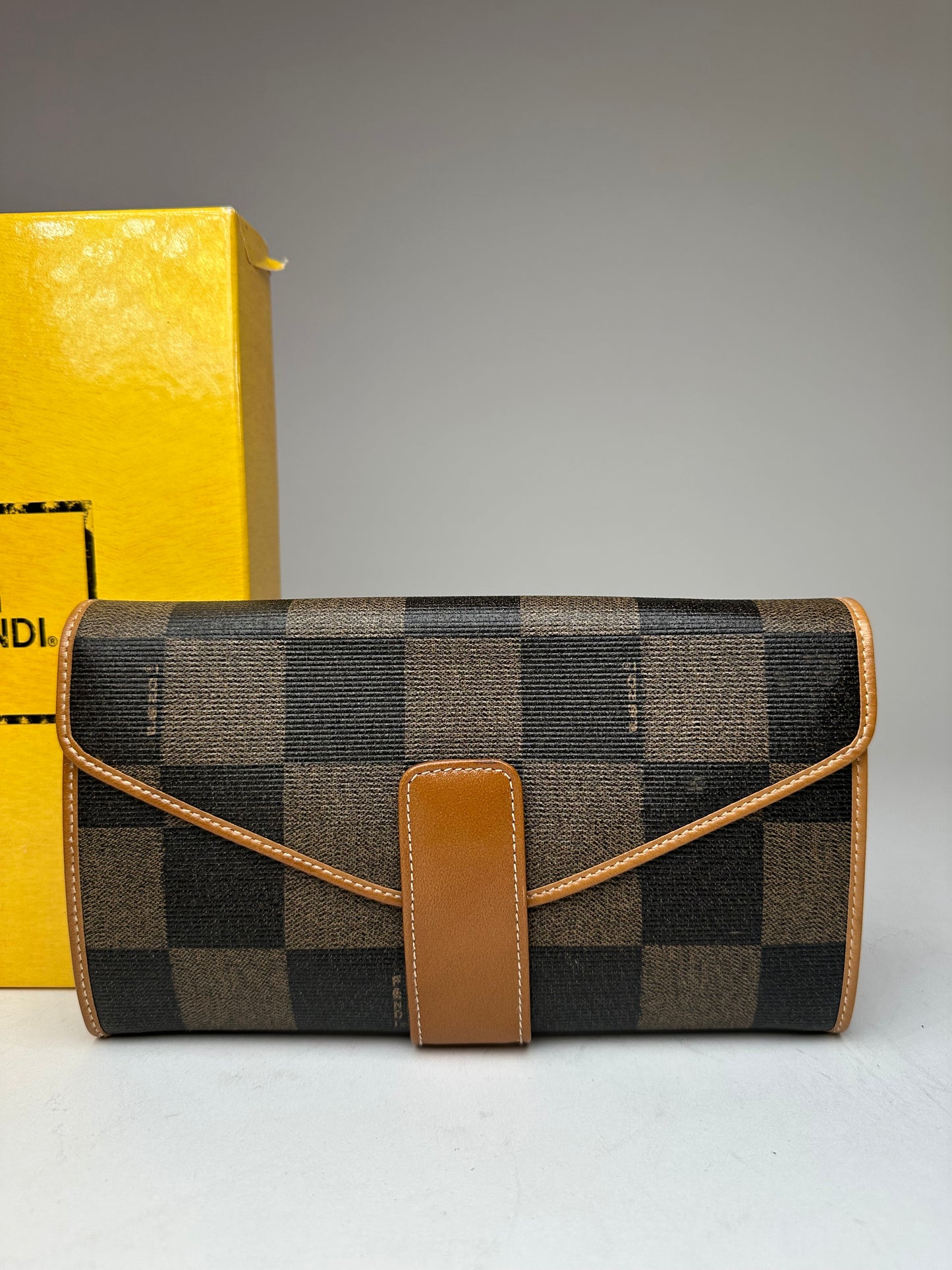 Vintage Fendi Roma Leather Checked Clutch Brown
