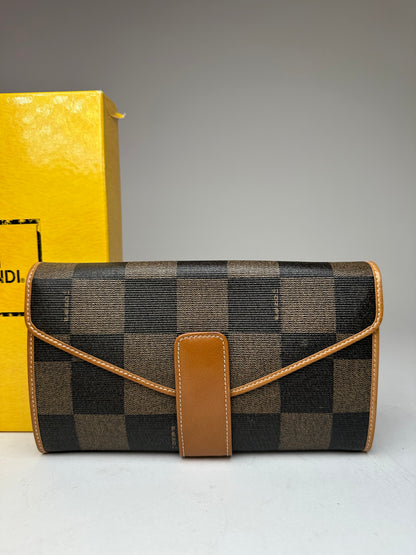 Vintage Fendi Roma Leather Checked Clutch Brown