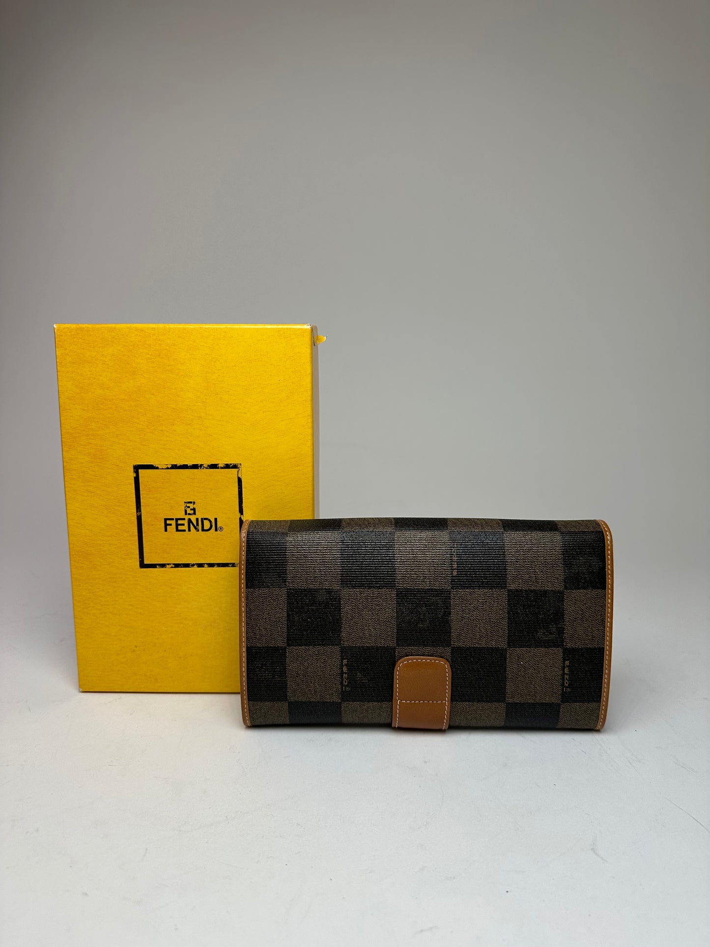 Vintage Fendi Roma Leather Checked Clutch Brown
