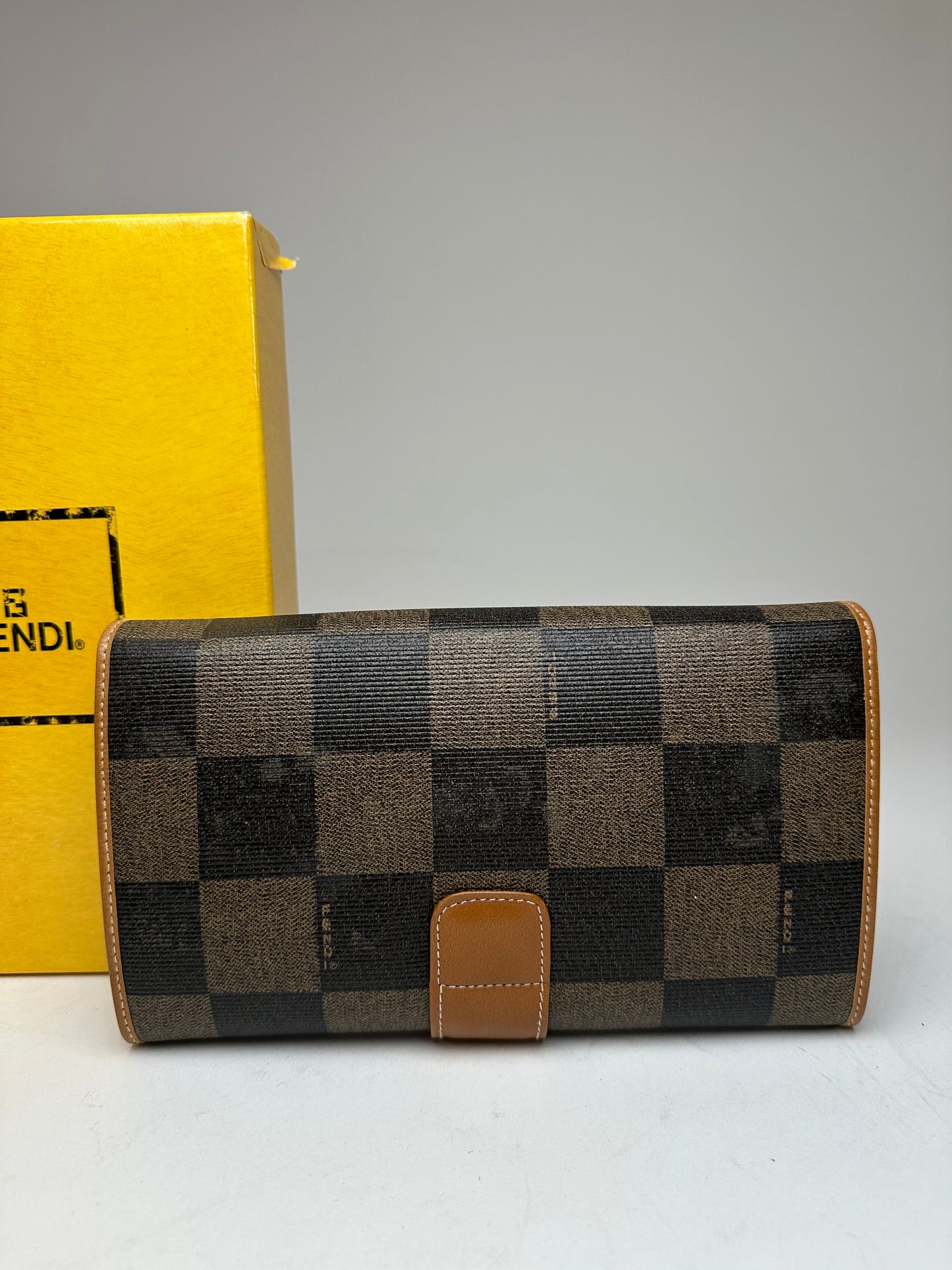 Vintage Fendi Roma Leather Checked Clutch Brown