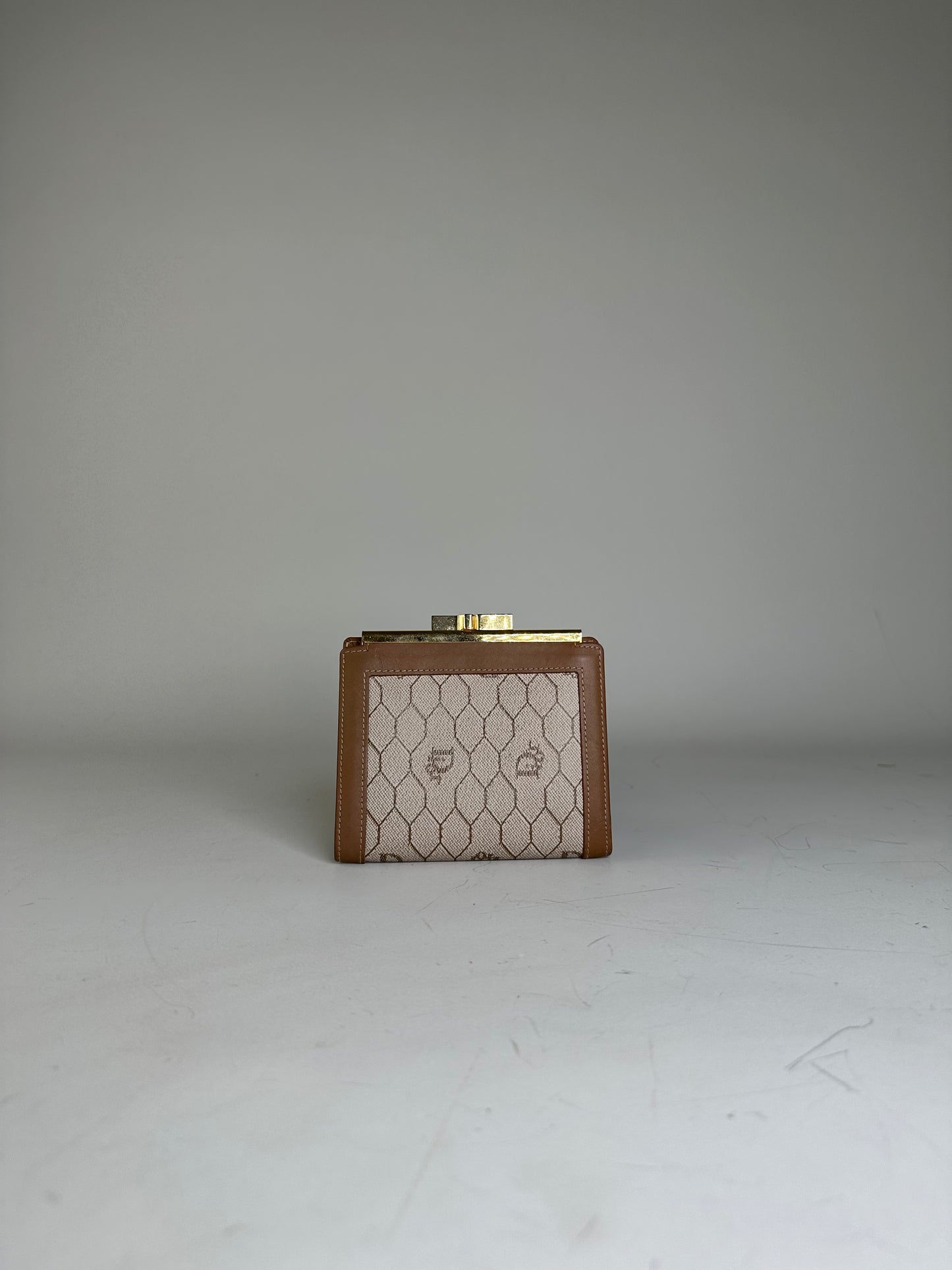 Vintage Dior Honeycomb Canvas Wallet Beige Brown Gold