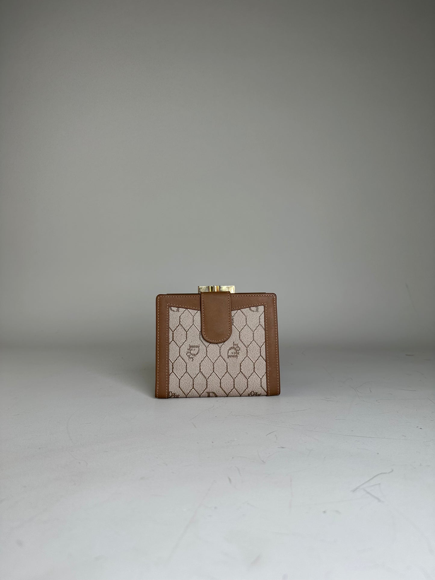 Vintage Dior Honeycomb Canvas Wallet Beige Brown Gold