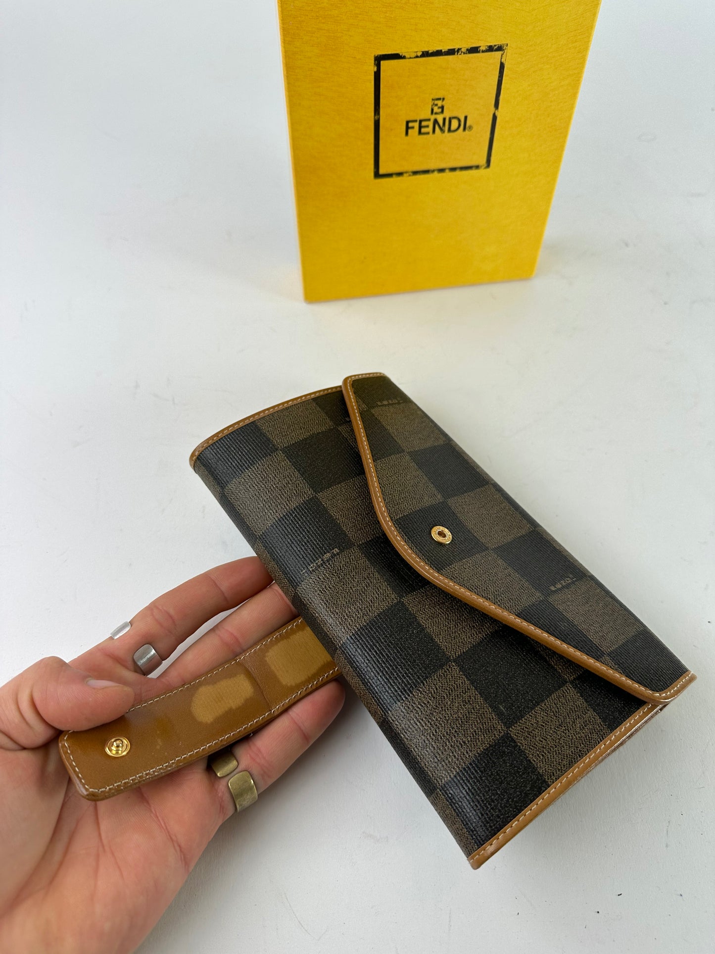 Vintage Fendi Roma Leather Checked Clutch Brown