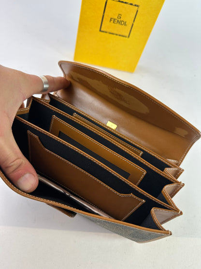 Vintage Fendi Roma Leather Checked Clutch Brown