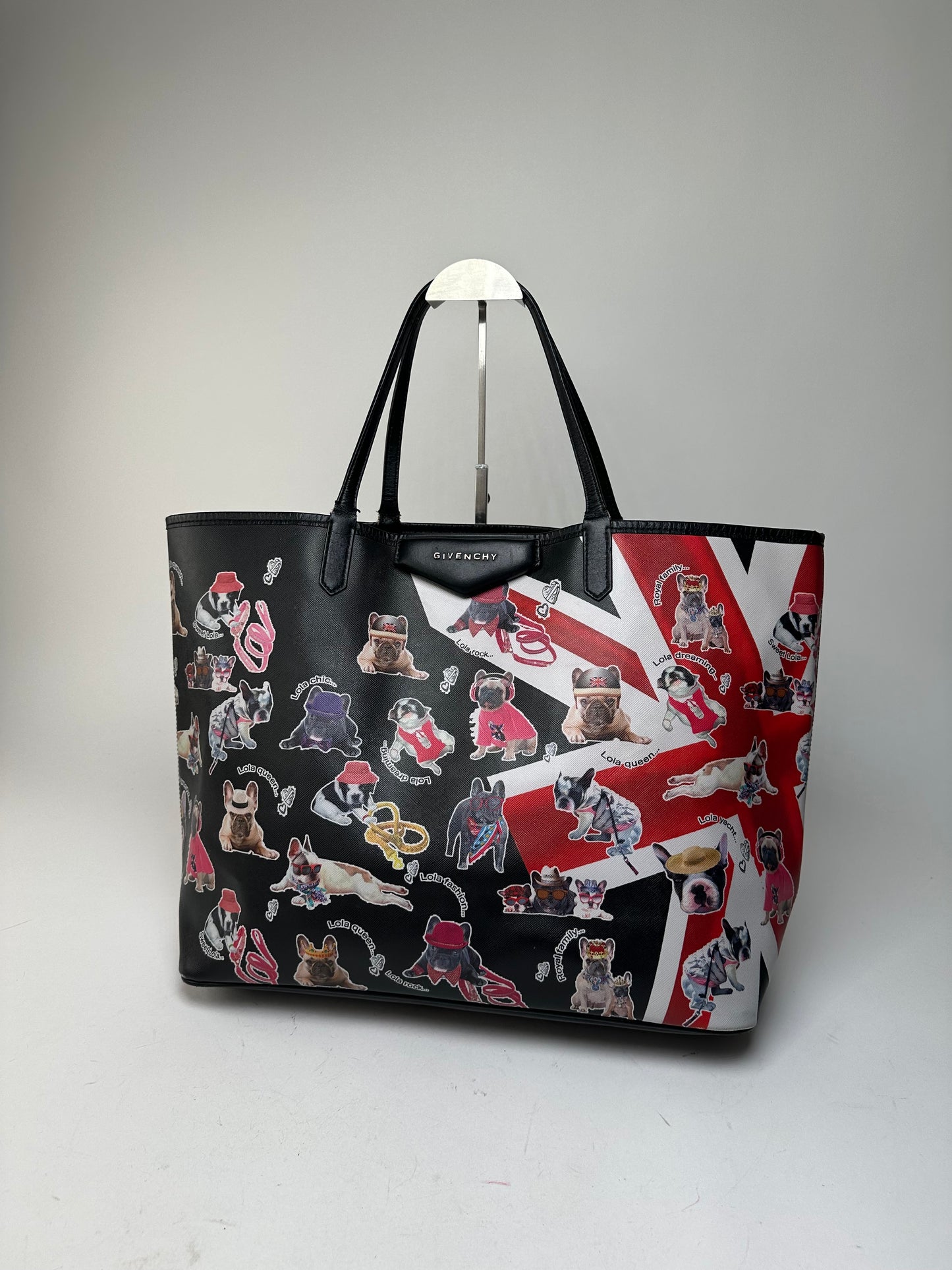 Vintage Givenchy Lola Bulldog Print Coated Canvas Tote Black Red White