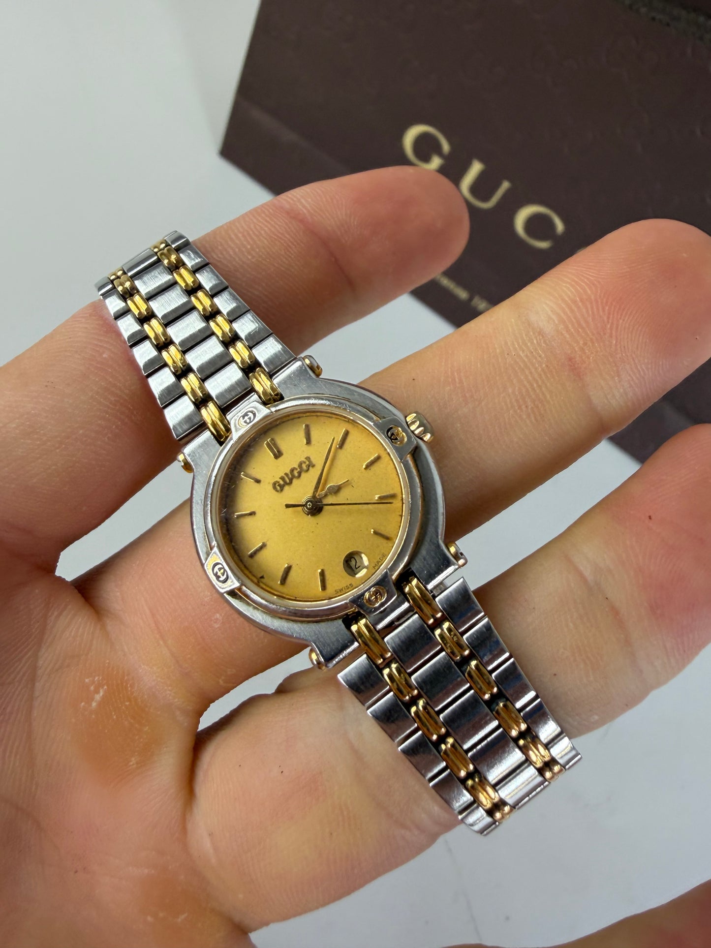 Vintage Gucci Stainless Steel Bracelet Watch Two-Tone Yellow Silver