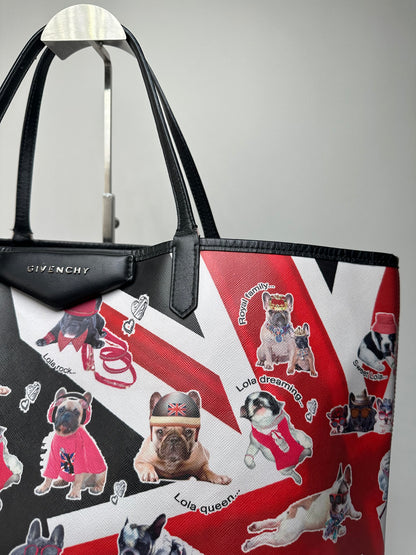 Vintage Givenchy Lola Bulldog Print Coated Canvas Tote Black Red White