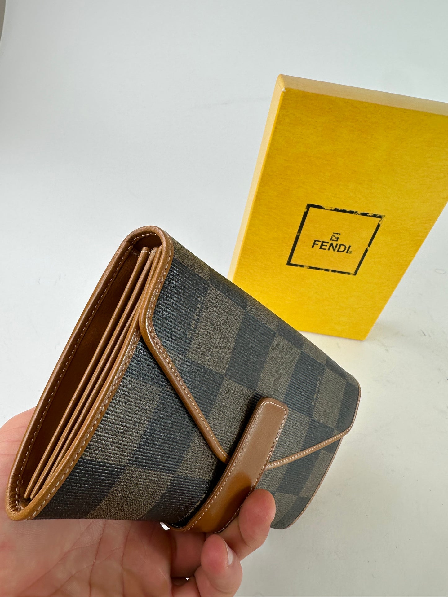 Vintage Fendi Roma Leather Checked Clutch Brown