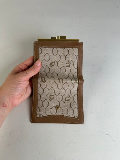 Vintage Dior Honeycomb Canvas Wallet Beige Brown Gold