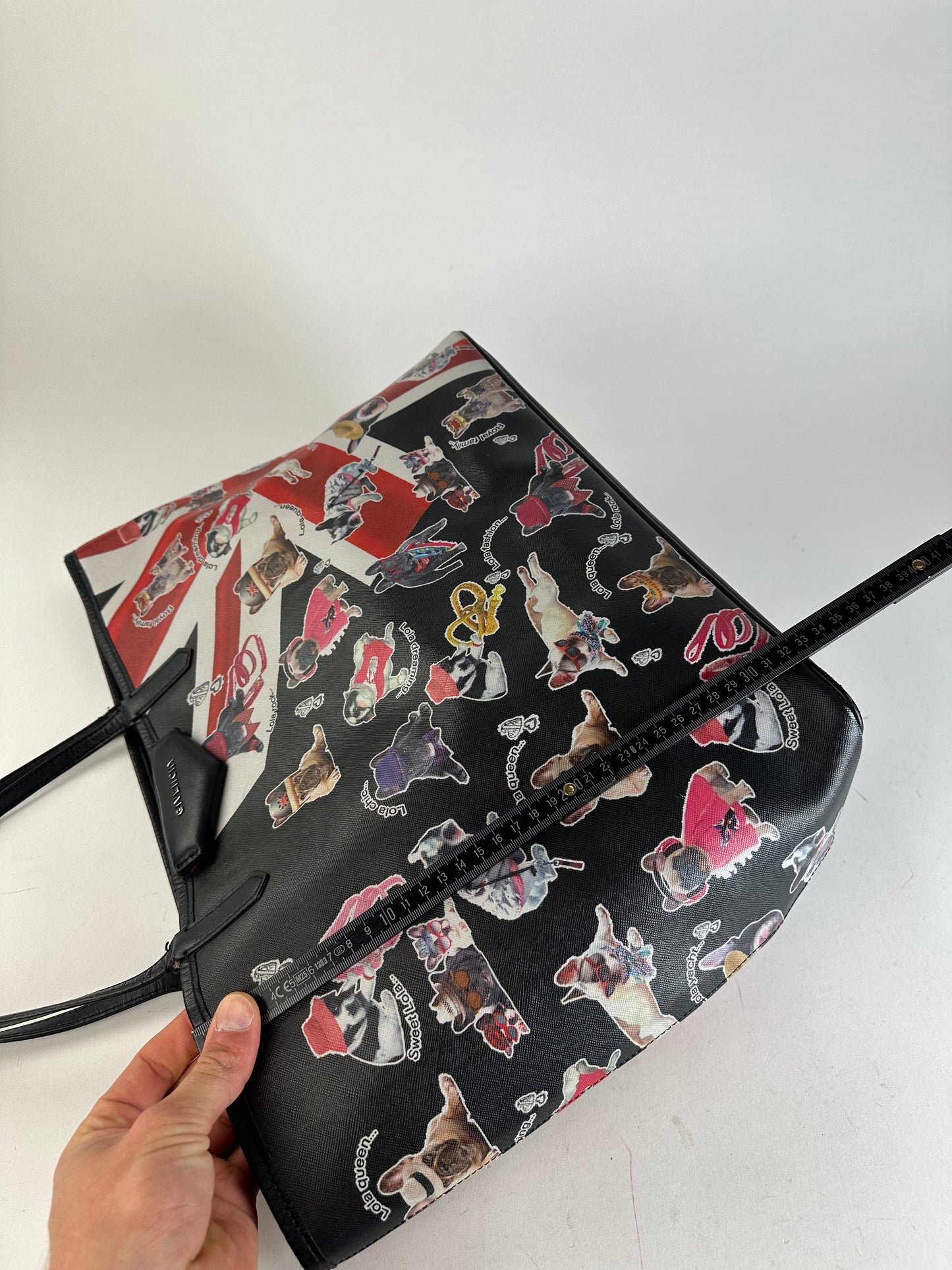 Vintage Givenchy Lola Bulldog Print Coated Canvas Tote Black Red White