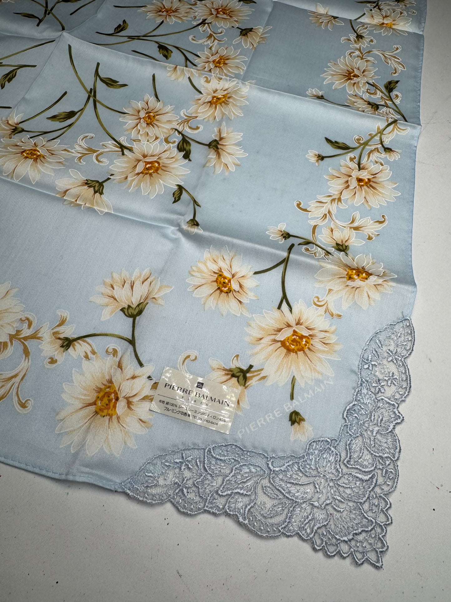 Vintage Balmain Floral Scarf Light-Blue Yellow white