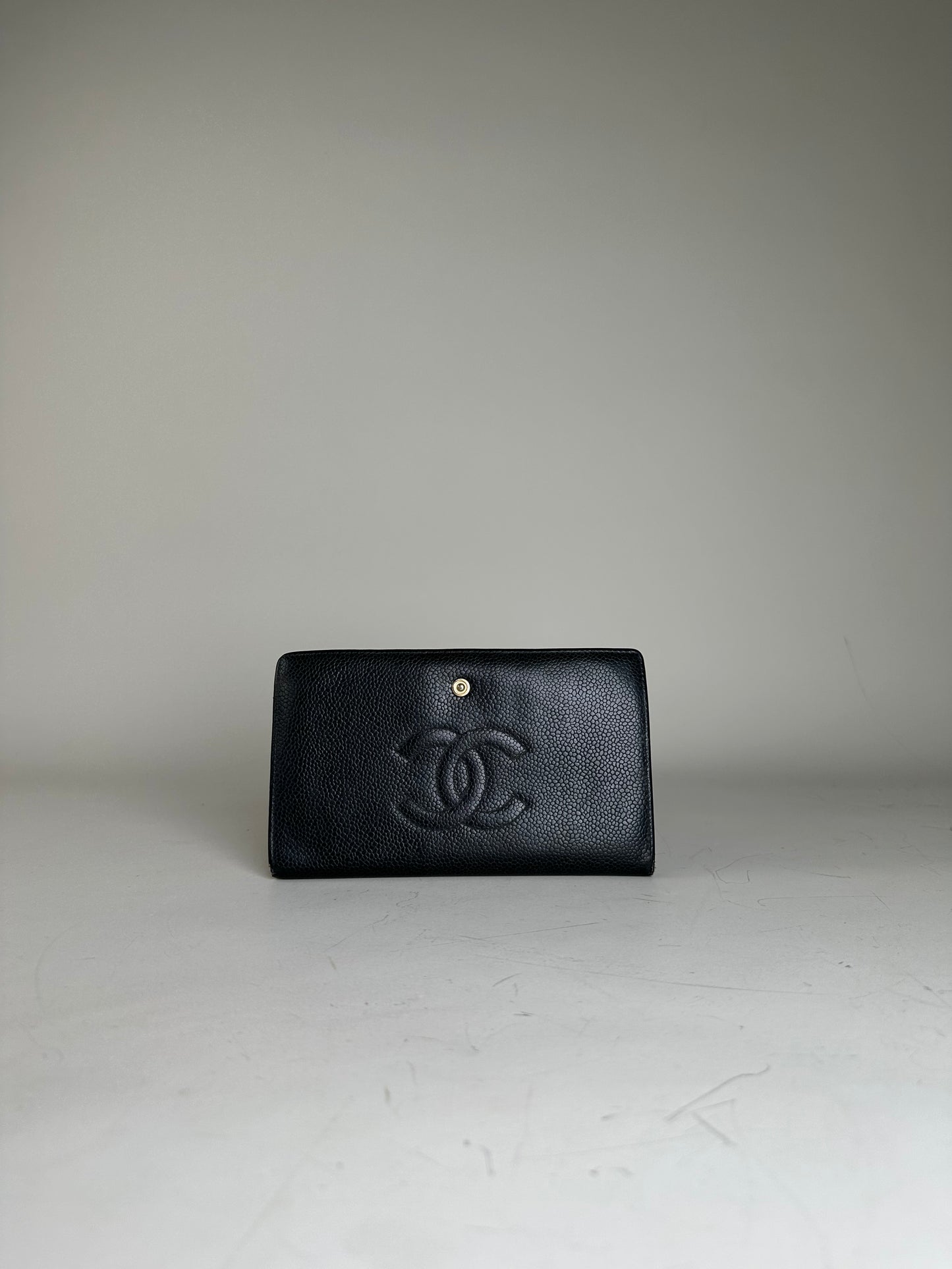 Vintage Chanel Grained Leather Wallet Black Gold Snap