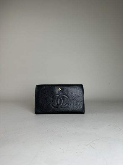 Vintage Chanel Grained Leather Wallet Black Gold Snap