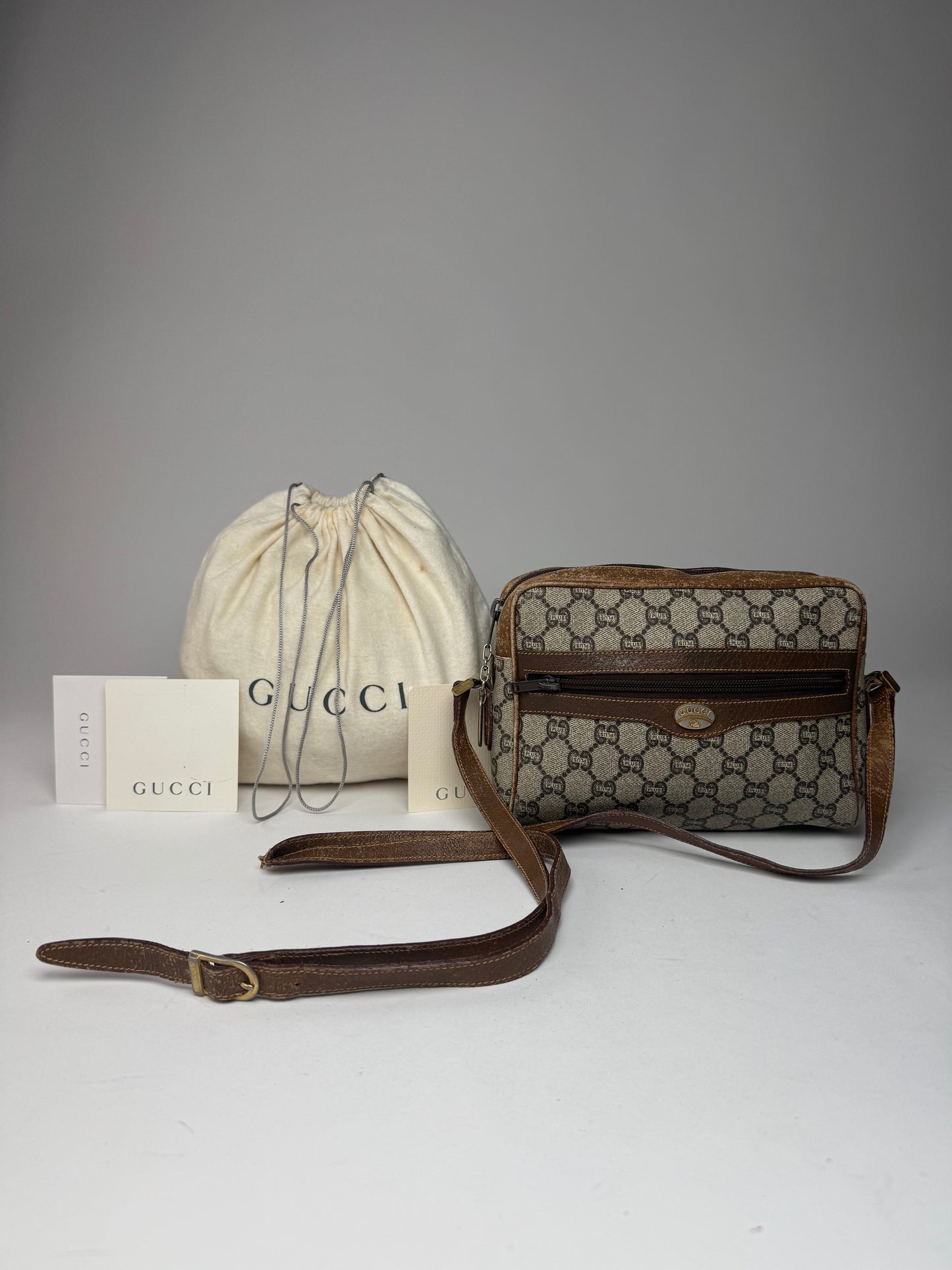 Vintage Gucci Plus Ophidia Monogram Shoulder / Crossbody Bag Brown Grey