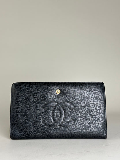 Vintage Chanel Grained Leather Wallet Black Gold Snap