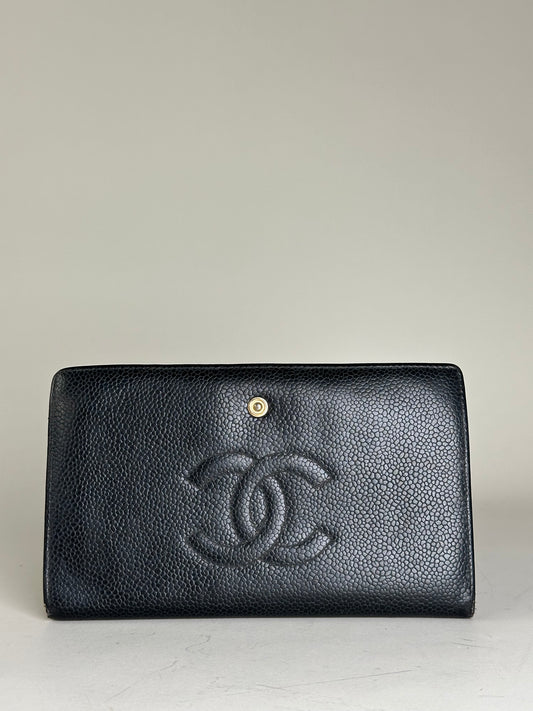 Vintage Chanel Grained Leather Wallet Black Gold Snap