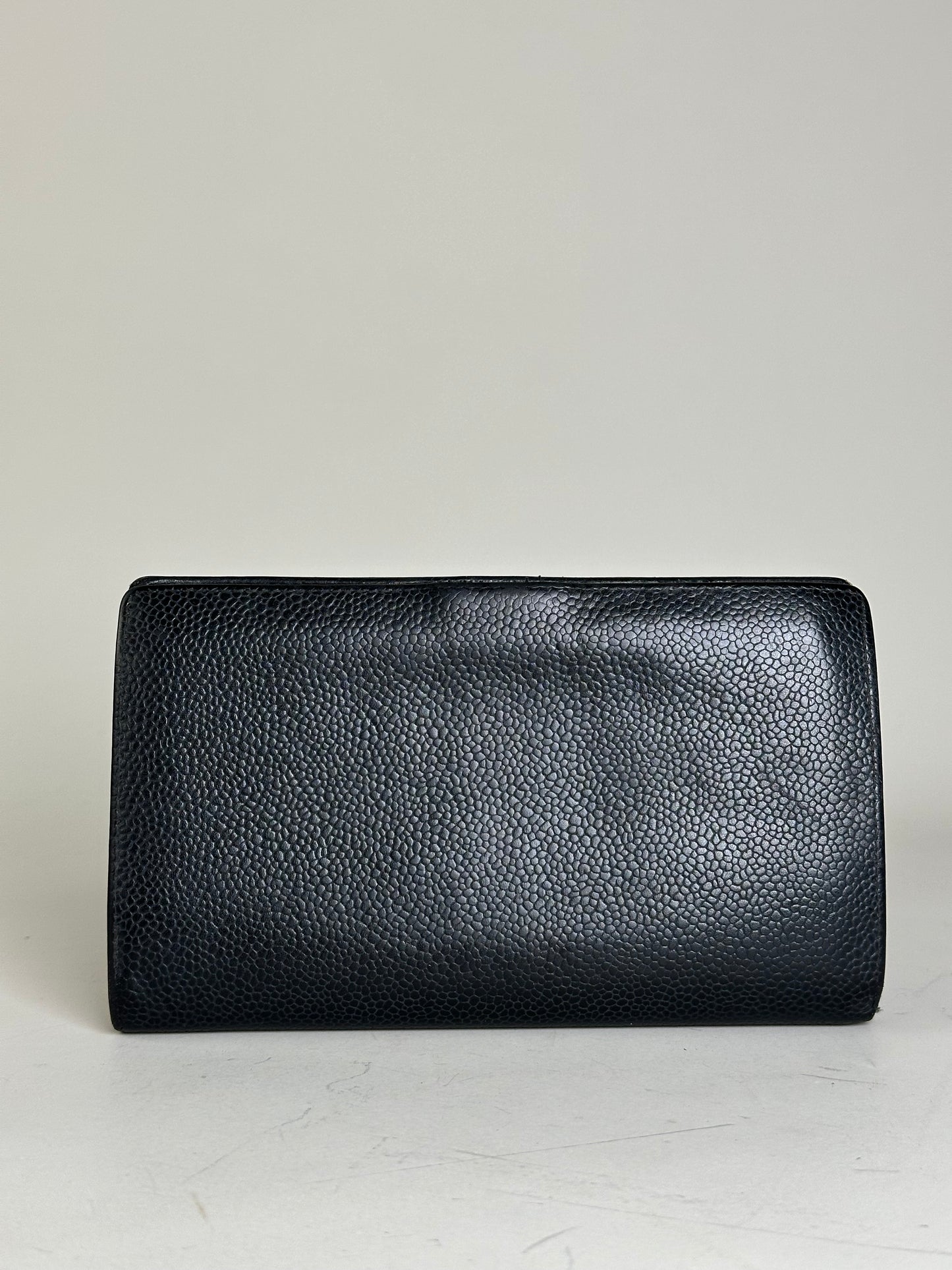 Vintage Chanel Grained Leather Wallet Black Gold Snap